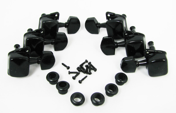 Black Enclosed-Gear Guitar Tuners/Machine Heads - 6pc. 3 left/3 right