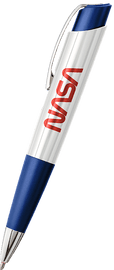 WHITE & BLUE ECLIPSE SPACE PEN with NASA WORM imprinted on barrel and view of logo WHITE & BLUE ECLIPSE SPACE PEN with NASA WORM imprinted on barrel and view of logo