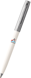 ARTEMIS What and Chrome Cap-O-Matic Space Pen with logo imprinted on barrel front displaying view of clip ARTEMIS What and Chrome Cap-O-Matic Space Pen with logo imprinted on barrel front displaying view of clip