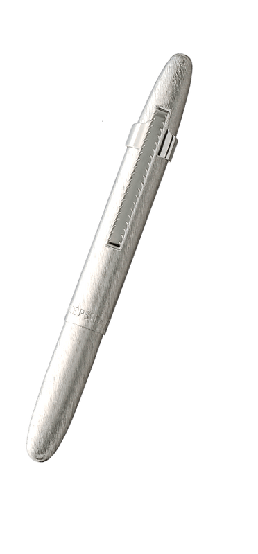 Brushed Chrome Bullet Space Pen with slide on clip in closed position  400BRCL