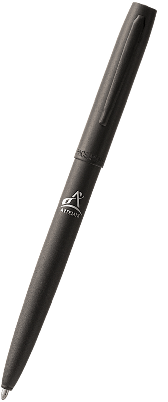ARTEMIS Matte Black Cap-O-Matic Space Pen with logo imprinted on barrel front displaying clip front