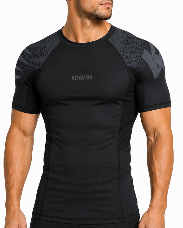 Kravox Kaizen Short Sleeve Rash Guard - All Black Compression Shirt for MMA, BJJ and No-Gi Training