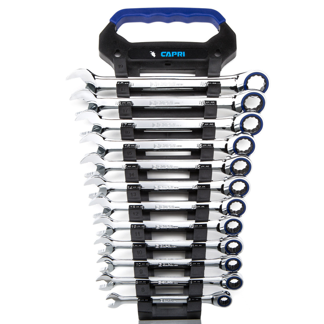 Capri Tools Ratcheting Combination Wrench Set, True 100-Tooth, 3.6-Degree Swing Arc, 8 to 19 mm, Metric, 12-Piece in a Convenient Wrench Rack