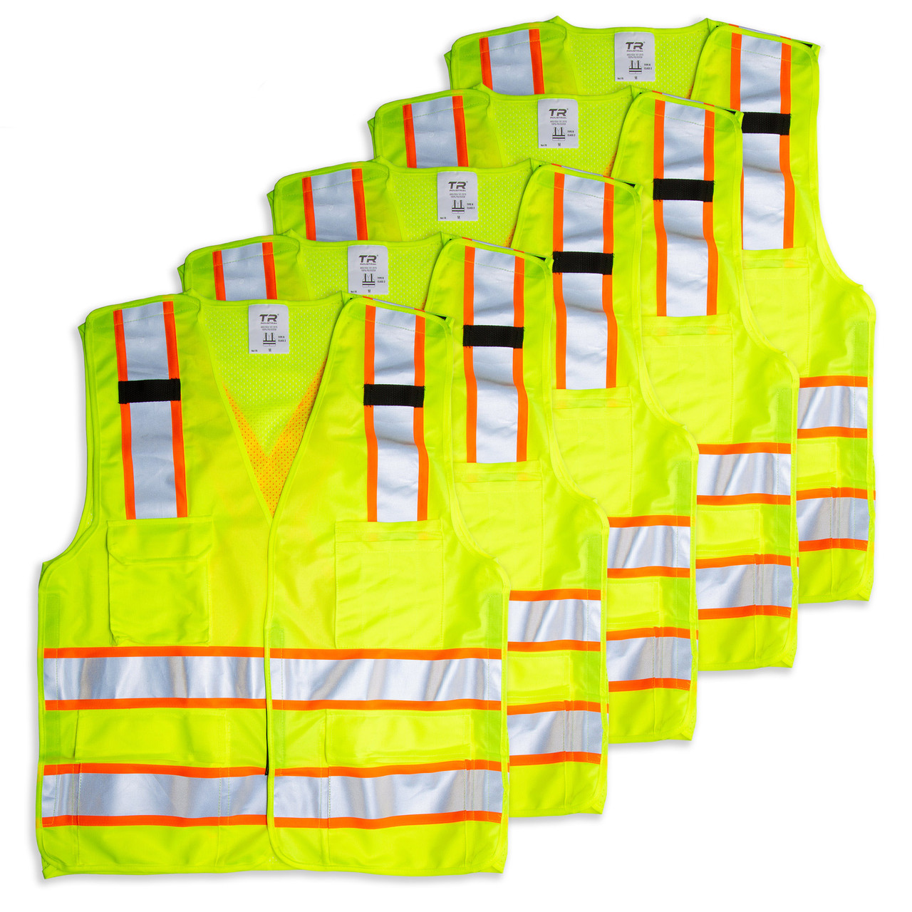 TR Industrial 5-Point Breakaway High Visibility Safety Vest, Type R Class 2, Size L, 5-Pack