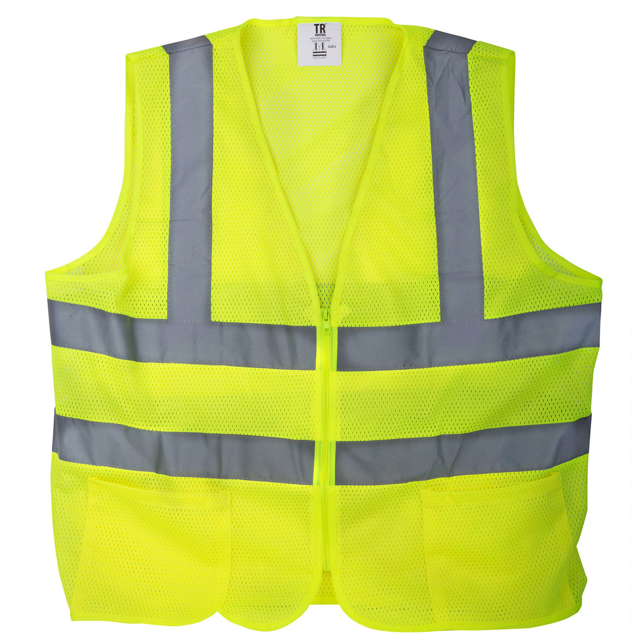 TR Industrial Neon Yellow High Visibility Front Zipper Mesh Safety Vest, Size Large