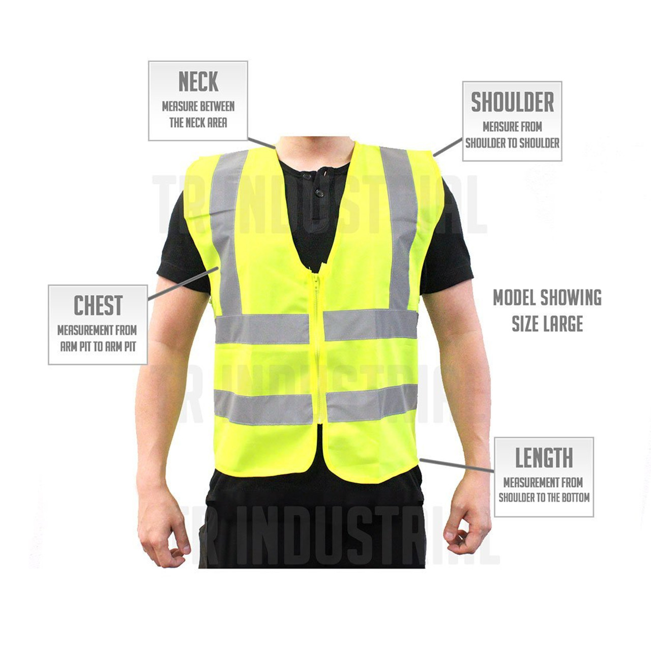 TR Industrial Neon Yellow High Visibility Front Zipper Mesh Safety Vest, Size XL, Pack of 5
