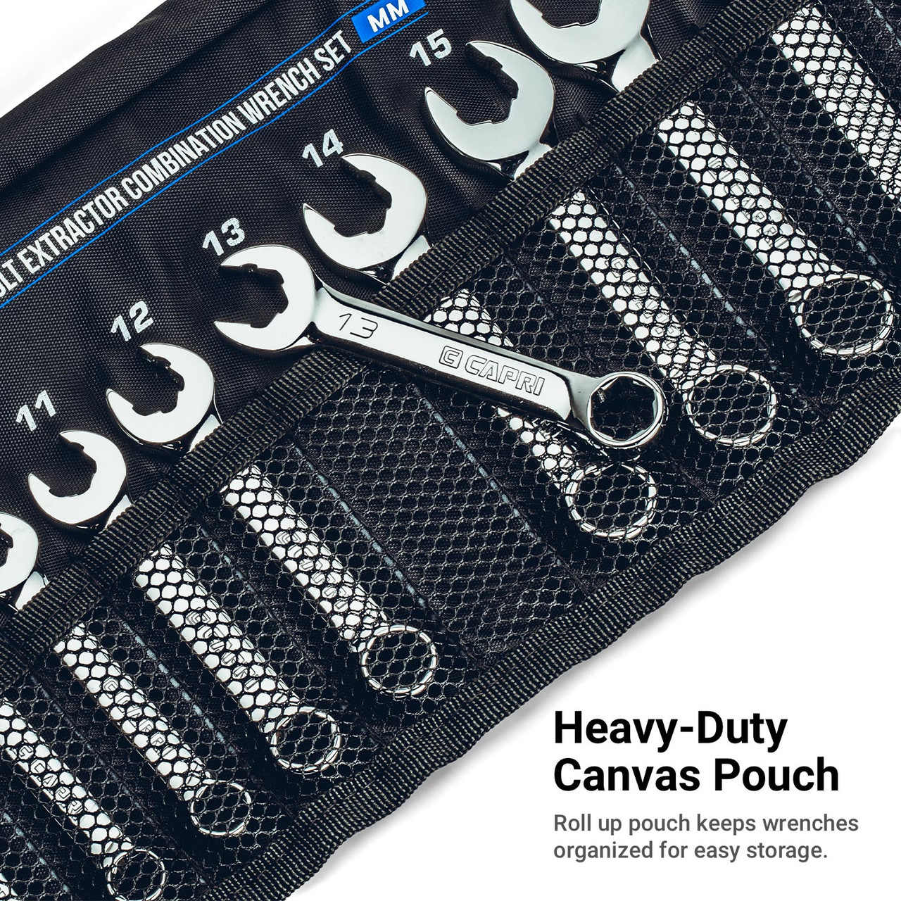 Capri Tools WaveDrive Pro Stubby Combination Wrench Set for Regular and Rounded Bolts, 8 to 19 mm, Metric, 12-Piece with Heavy Duty Canvas Pouch