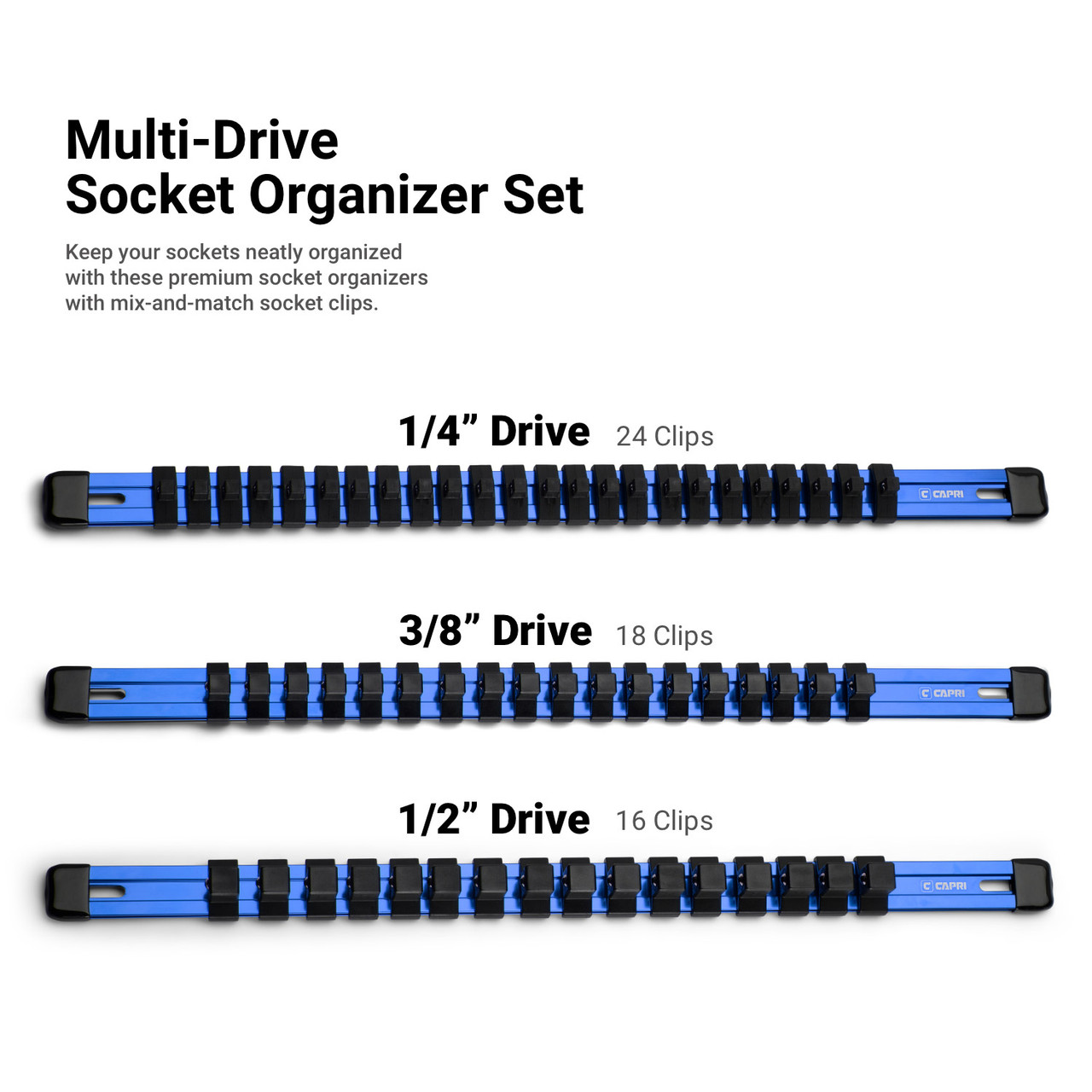 Capri Tools Aluminum Socket Rail Set, 1/4", 3/8" and 1/2" Drive, 17" Long, Blue, 3-Piece Rail with 58 Socket Clips