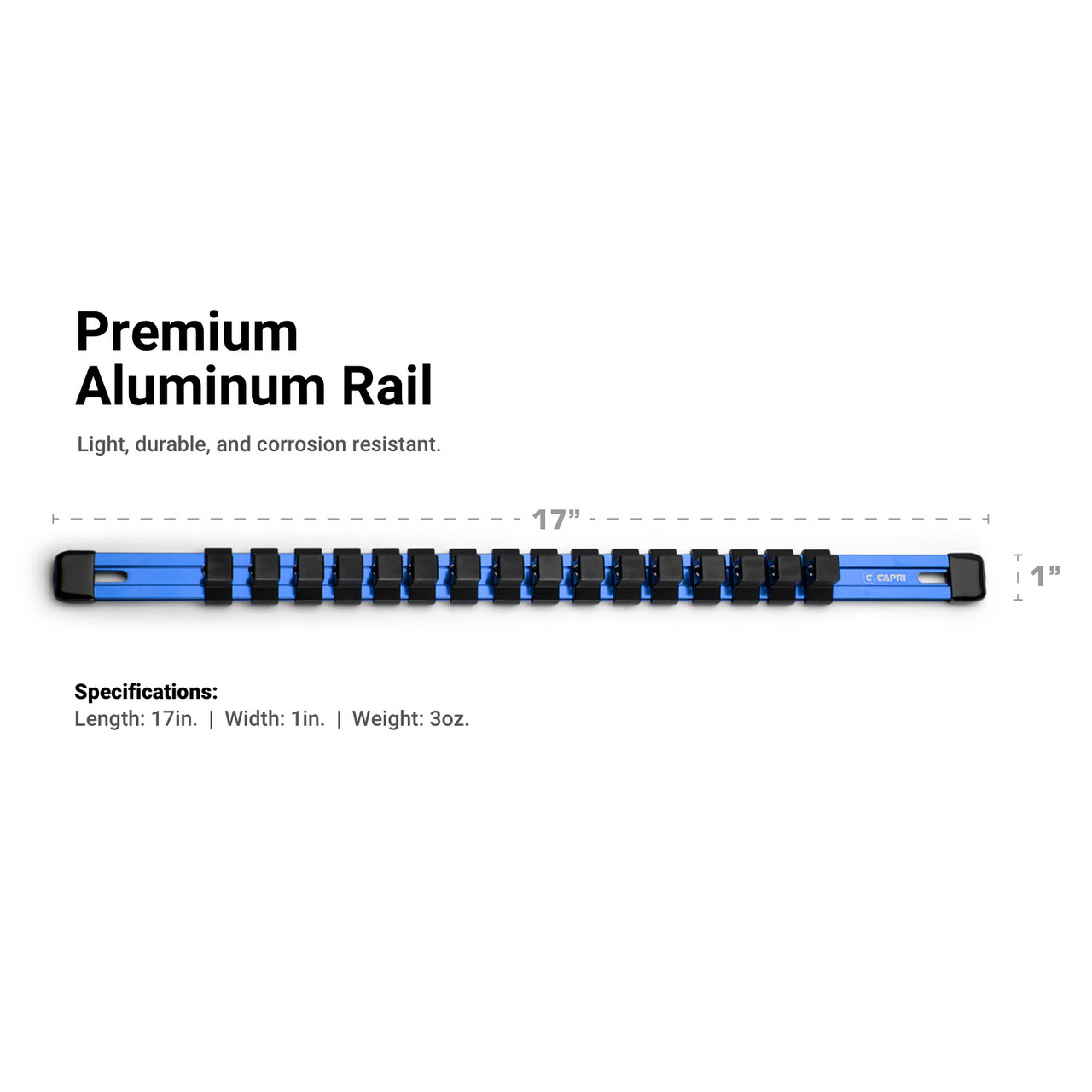 Capri Tools Aluminum Socket Rail Set, 1/4", 3/8" and 1/2" Drive, 17" Long, Blue, 3-Piece Rail with 58 Socket Clips