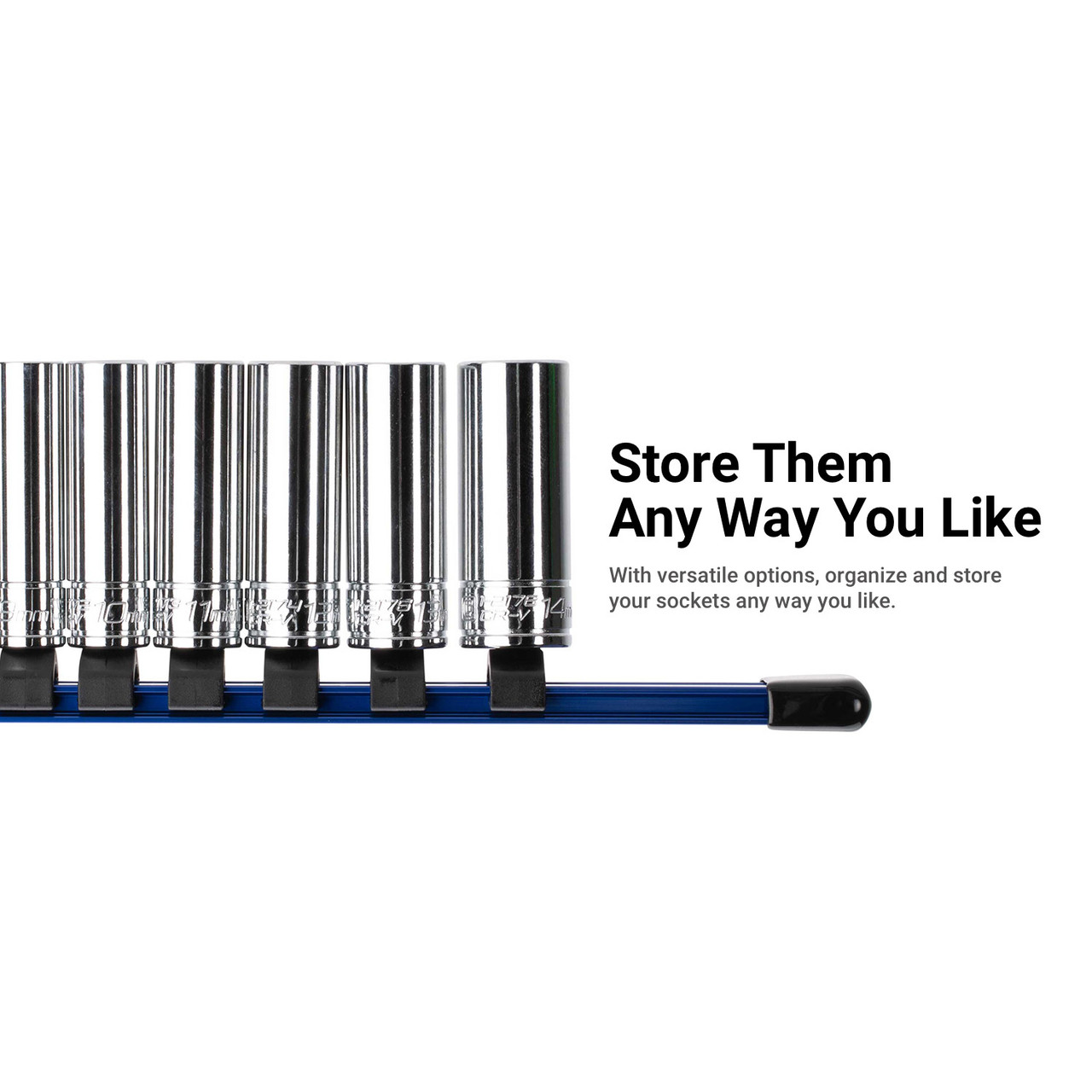 Capri Tools Aluminum Socket Rail Set, 1/4", 3/8" and 1/2" Drive, 17" Long, Blue, 3-Piece Rail with 58 Socket Clips