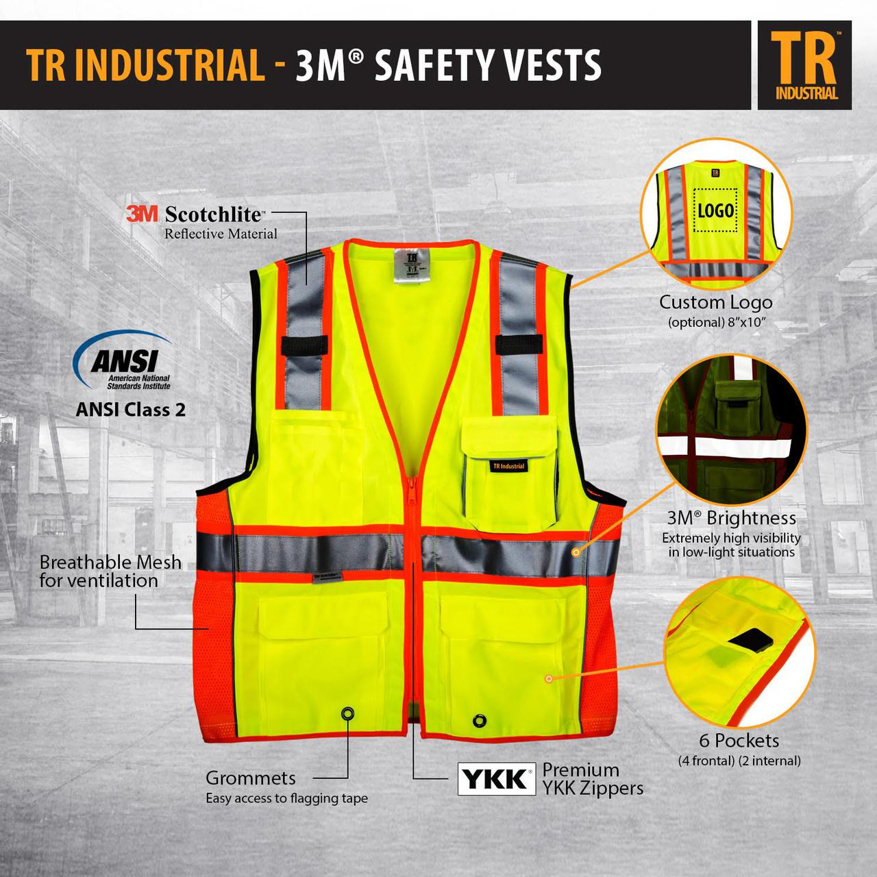 TR Industrial 3M Safety Vest with Pockets and Zipper, Class 2, Size XL