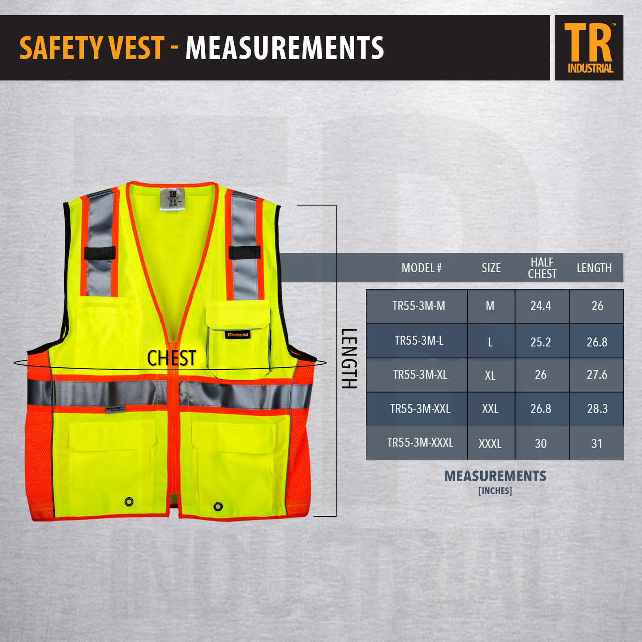 TR Industrial 3M Safety Vest with Pockets and Zipper, Class 2, Size XL