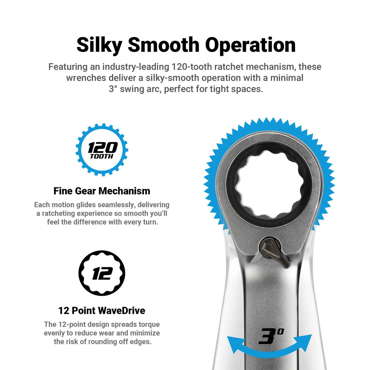 Capri Tools 120-Tooth Ultra-Smooth Reversible Ratcheting Wrenches Set, XL Long Series, 12-Point, 5/16 to 3/4 in., SAE, 8-Piece with Mechanic's Tray