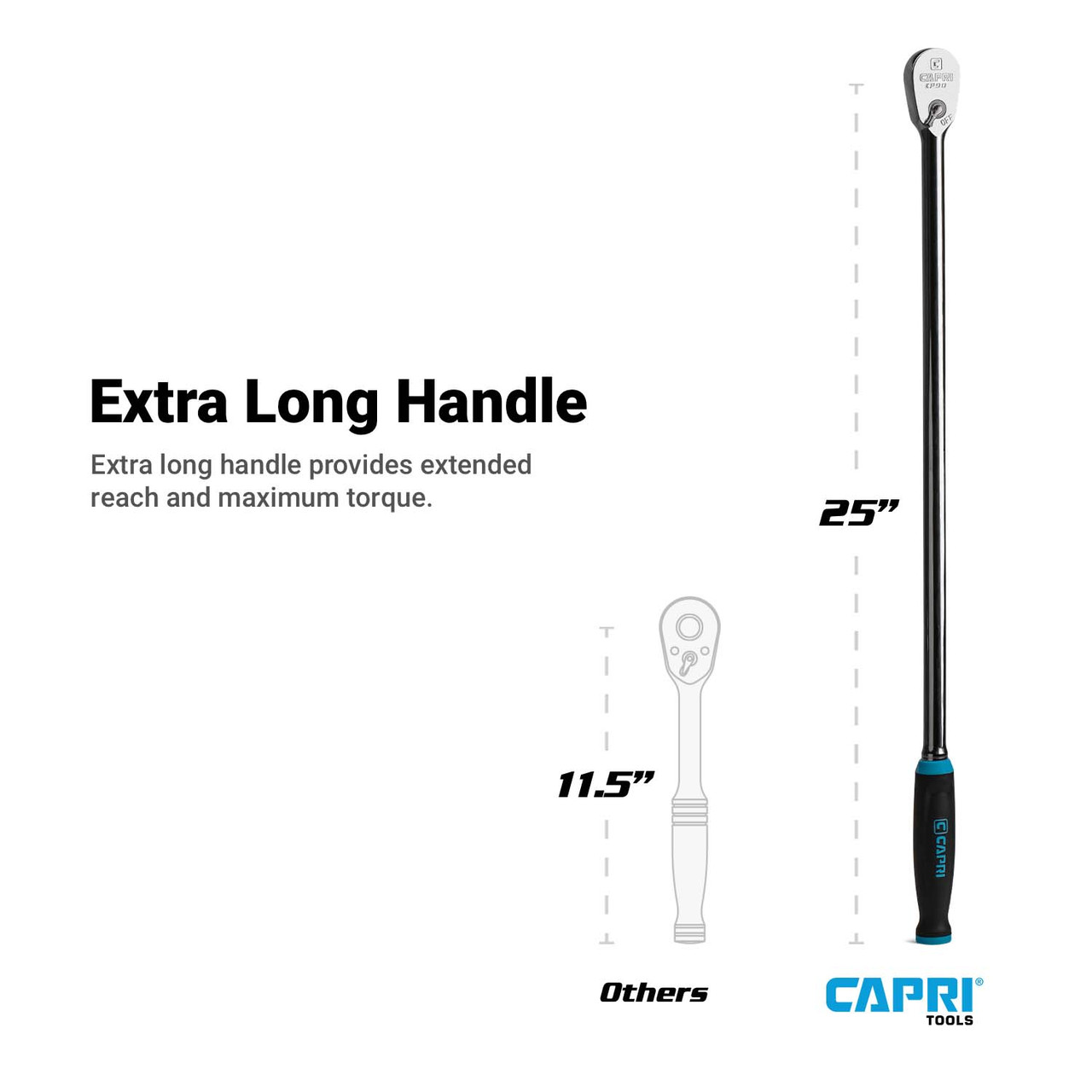 Capri Tools 1/2 in. Drive Fine 90-Tooth Extra Long Ratchet, Ergonomic Soft Grip