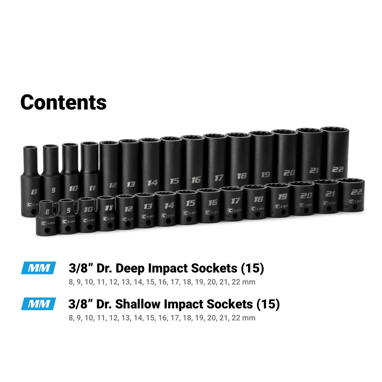 Capri Tools 3/8 in. Drive Shallow and Deep Impact Socket Set, 12-Point, Metric, 8 to 22 mm, 30-Piece with Purple Billet Aluminum Socket Rail