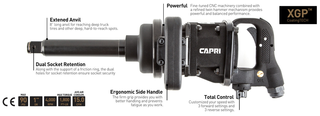 Capri Tools 32000 Air Impact Wrench w/Extended 8-inch Anvil, 1 Inch Drive