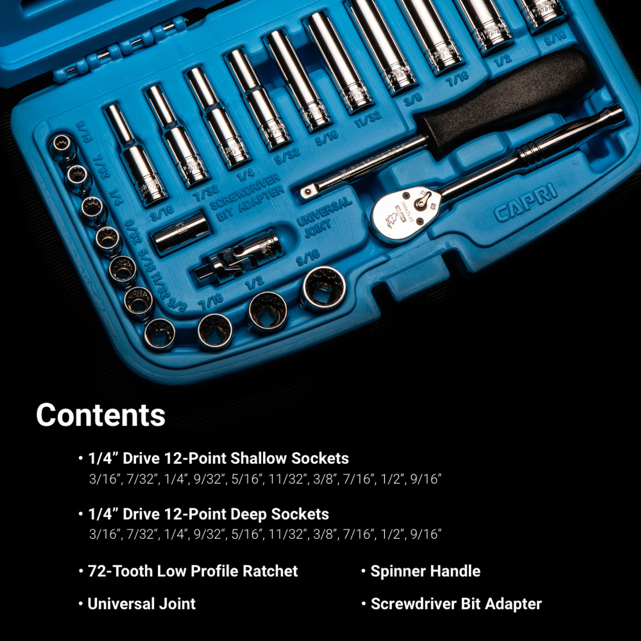 Capri Tools 1/4 in. Drive 12-Point Socket Set, 3/16 to 9/16 in., Shallow and Deep with Ratchet and Adapters, SAE, 24-Piece