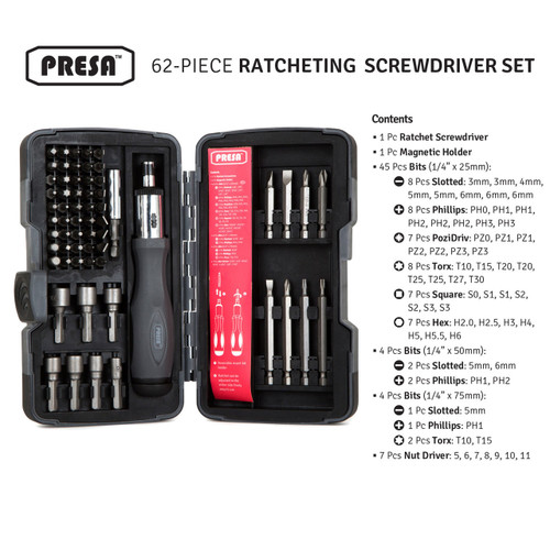 Presa 62-Piece Ratcheting Screwdriver Set with Bits and Nut Drivers Setters