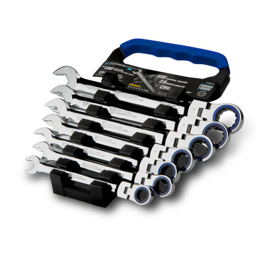 Capri Tools Flex-Head Ratcheting Wrench Combination Set, True 100-Tooth, 3.6-Degree Swing Arc,  10 to 19 mm, Metric, 7-Piece in a Convenient Wrench Rack