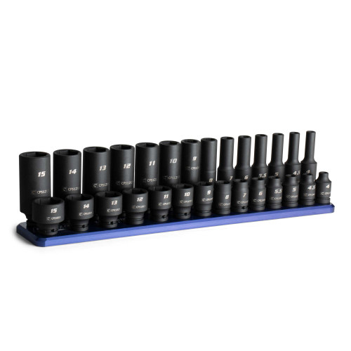Capri Tools 1/4 in. Drive Shallow and Deep Impact Socket Set, 4 to 15 mm, Metric, 28-Piece with Billet Aluminum Socket Rail