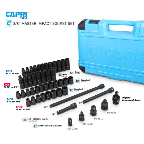 Capri Tools 3/8-Inch Drive Master Impact Socket Set with Adapters and Extensions, CrMo, 48-Piece