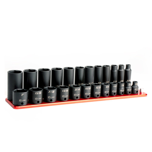 Capri Tools 3/8 in. Drive Shallow and Deep Impact Socket Set, SAE, 5/16 to 1 in., 24-Piece with Billet Aluminum Socket Rail