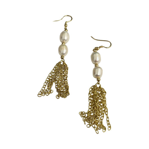 Iridiscent Pearl Chain Dangle Earrings-Thumbnail