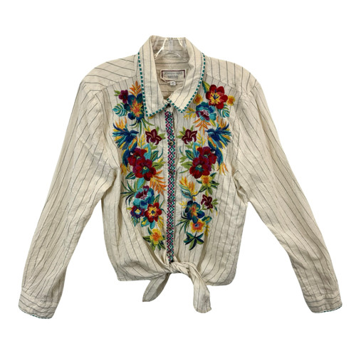 Johnny Was Striped Floral Embroidered Shirt-Thumbnail