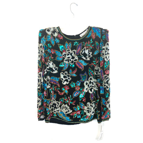 Vintage A.J. Bari Sequined Floral Long Sleeve Top- Front
