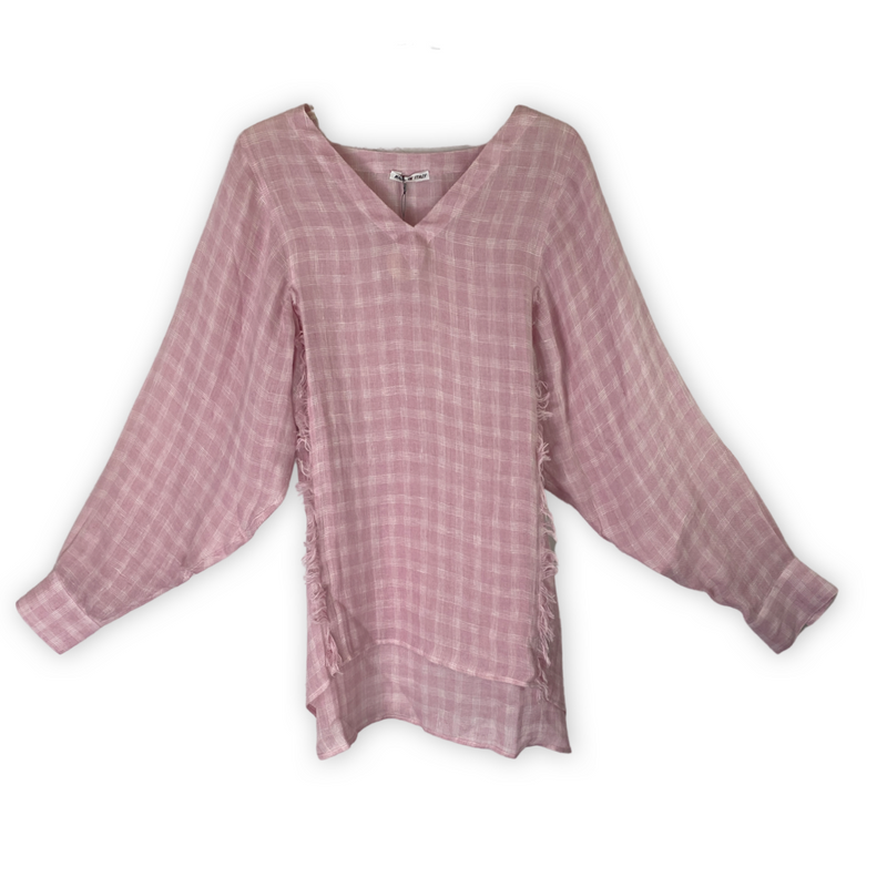 destin Frayed Seam Pink Plaid Linen Tunic-Thumbnail