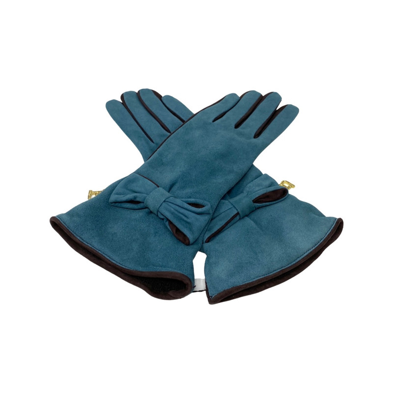 Blumarine Teal and Brown Suede Bow Detail Gloves-Thumbnail