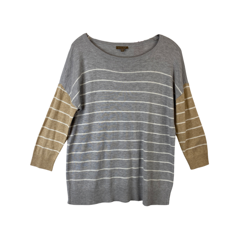 Lilla P Striped Contrast Sleeve Sweater-Gray front