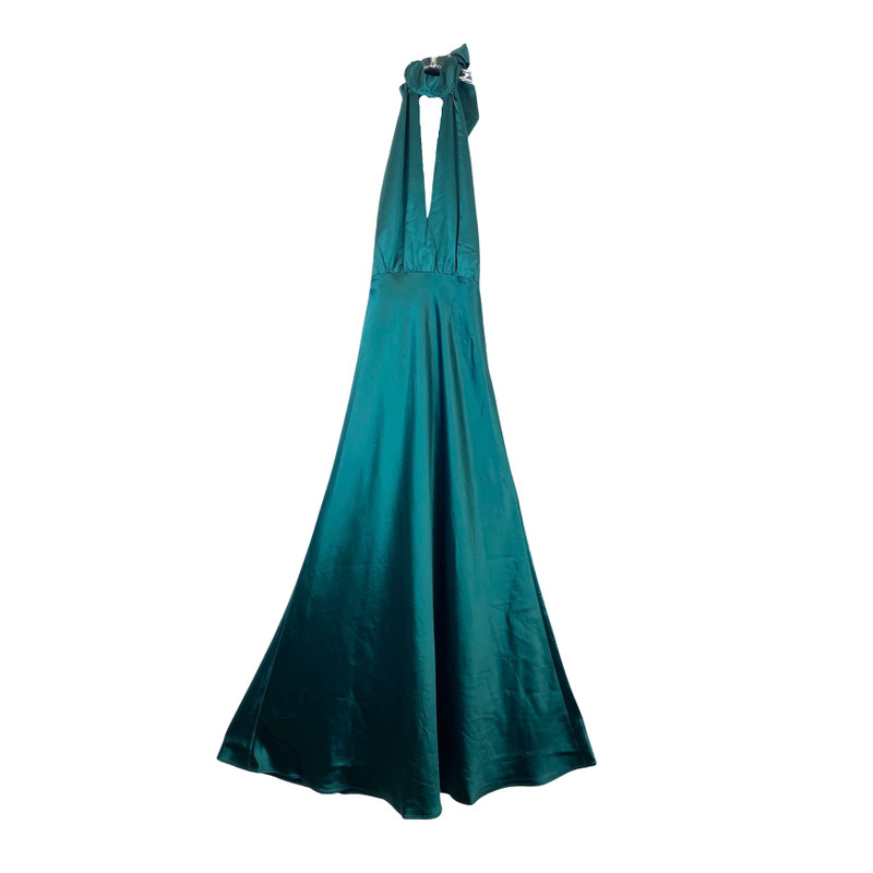 Something Navy Satin Halter Neck Gown-green front