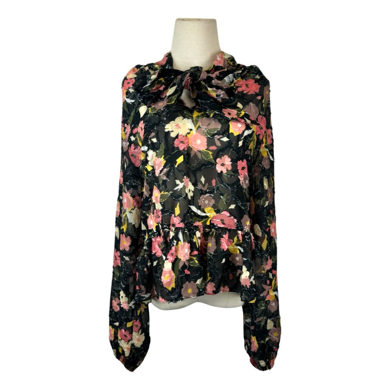 Tanya Taylor Sheer Textured Floral Neck Tie Blouse-Thumbnail