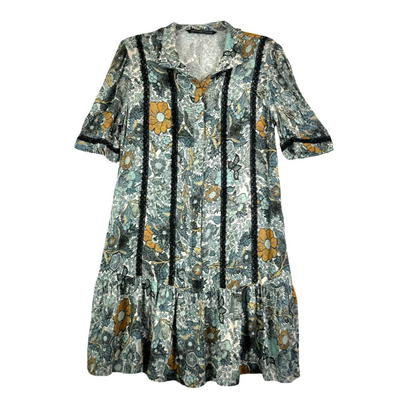 Peruvian Connection Floral Lace Trim Shirt Dress-Thumbnail