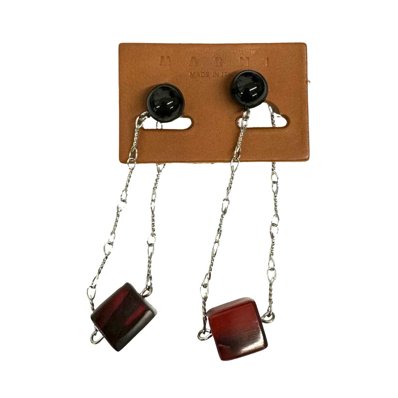 Marni Silver Chain Black Bead and Red Horn Earrings