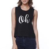 Oh Womens Black Sleeveless Crop Shirt Cute Calligraphy Workout Top