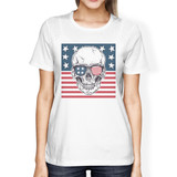 Skull American Flag Shirt Womens White Round Neck Tee US Army Gift