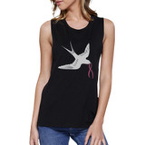 Pink Ribbon And Swallows Birds Womens Black Muscle Top