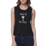 Talk To The Palm Womens Black Sleeveless Tropical Design Crop Top