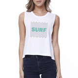 Surf Waves Womens White Sleeveless Crop Tee Shirt For Surfing Lover