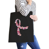 Pink Floral Ribbon Black Canvas Bags
