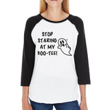 Stop Staring At My Boo-Tee Ghost Womens Black And White BaseBall Shirt