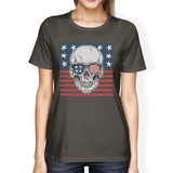 Skull American Flag Tee Womens Dark Gray Round Neck US Army Gifts