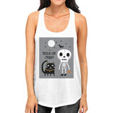 Trick-Or-Treat Skeleton Black Cat Womens White Tank Top