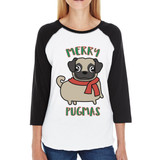 Merry Pugmas Pug Womens Black And White Baseball Shirt