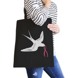 Pink Ribbon And Swallows Birds Black Canvas Bags