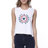 Liberty & Justice Womens White Sleeveless Tee 4th Of July Crop Tee