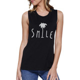 Smile Palm Tree Womens Black Muscle Tee Round Neck Line Tank Top