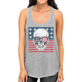 Skull American Flag Womens Grey Tank Top Crewneck Line Cotton Tee